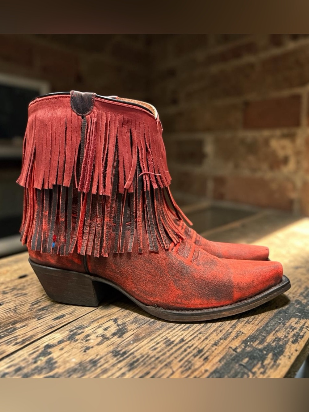 Fringe Suede Ankle Booties in Red